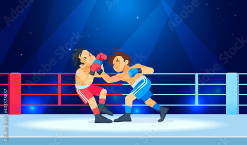 A young fighter or boxer loses and gets hit in the face by a knockdown or knockout in the boxing ring during a fight. Cartoon character, flat vector style illustration