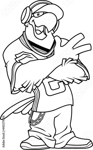 Outlined Eagle Rapper Cartoon Character Singing. Vector Hand Drawn Illustration Isolated On Transparent Background