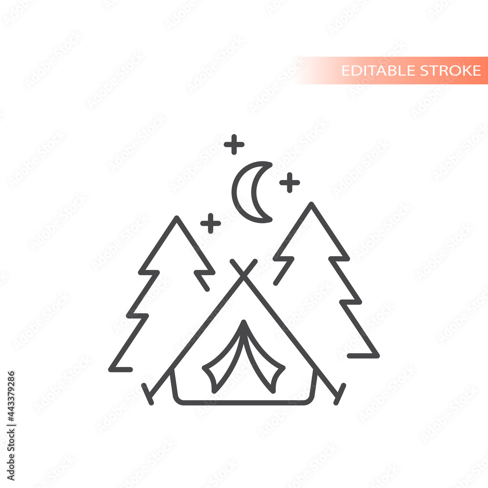 Fototapeta premium Tent with trees and moon line vector icon. Camping outline, editable stroke.