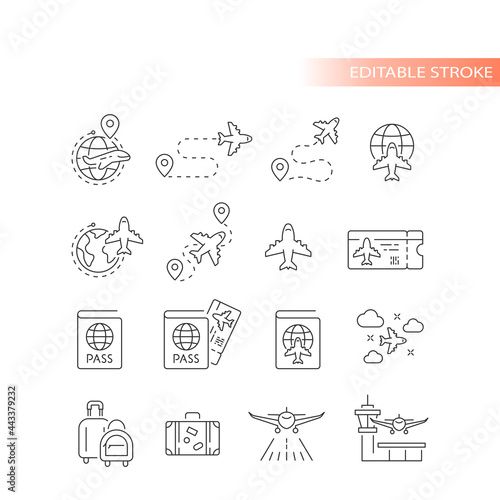 Airport, airline and airplane line vector icon set. Travel, boarding pass, flight route outline icons, editable stroke.