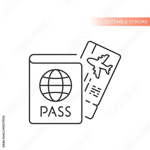 Passport id and airplane ticket line vector icon. Boarding pass symbol, editable stroke.