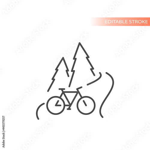Outdoors biking line vector icon. Nature scape with road, pines and bicycle, editable stroke.