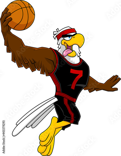 Eagle Basketball Player Cartoon Character Moving Dribble. Vector Hand Drawn Illustration Isolated On Transparent Background
