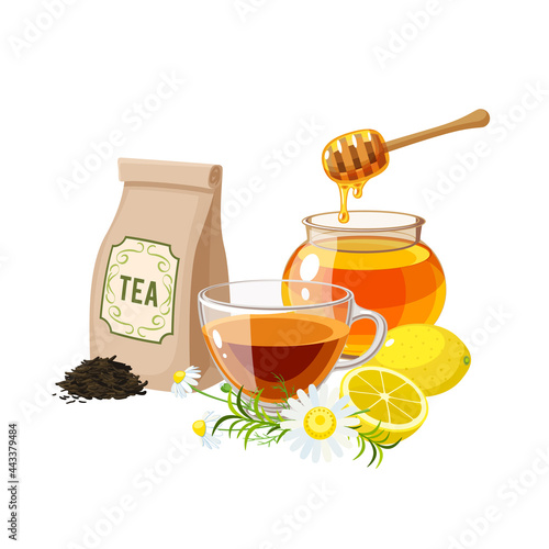 Tea collection, honey and lemon. Vector illustration cartoon flat icon composition isolated on white background.