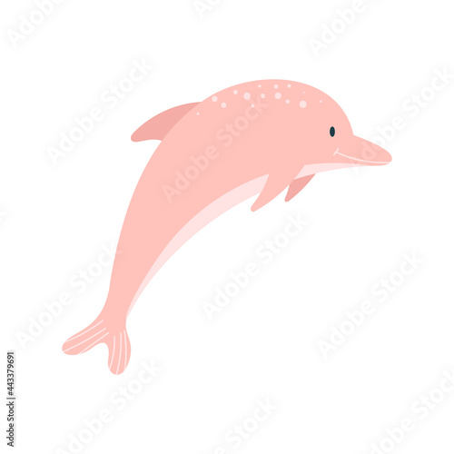 Hand drawn vector illustration of pink dolphin isolated on white background.