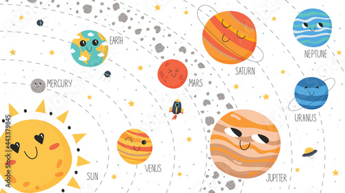 Solar system scheme. Vector planets, asteroid belt, spaceship and ufo in cute hand drawn cartoon style.