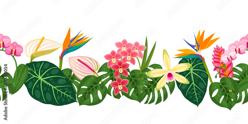 Tropical flower pattern, seamless horizontal border. Vector ...