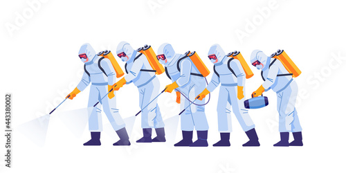 People in virus protective suits and mask disinfecting buildings of coronavirus with the sprayer. Home disinfection by cleaning service. Cartoon flat style illustration isolated on a white background