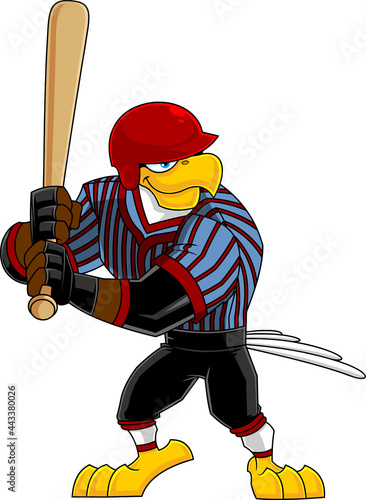 Eagle Baseball Player Cartoon Character Batting Side. Vector Hand Drawn Illustration Isolated On Transparent Background