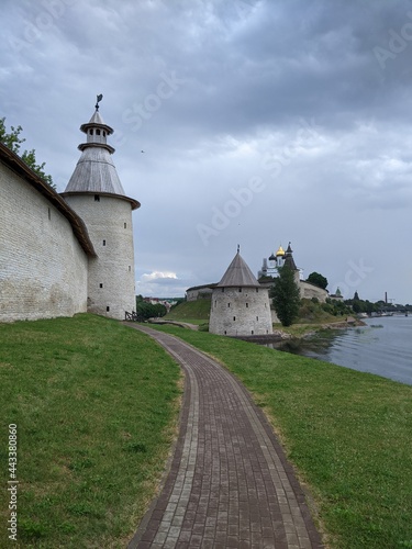 old castle in the village of the country pskov russia ancient tower bricks wall