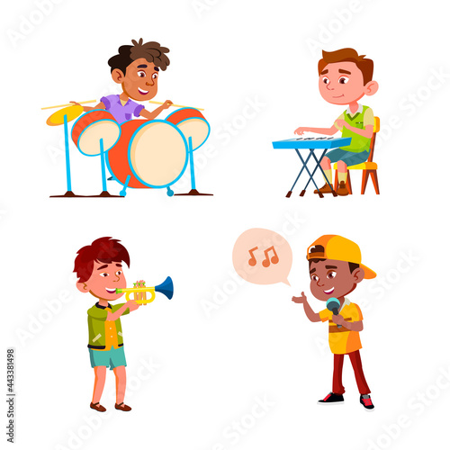 Kids Boys Playing In Music Orchestra Set Vector. Children Play In Music Orchestra And Singing Song Together. Characters Performing On Musician Instrument Flat Cartoon Illustrations