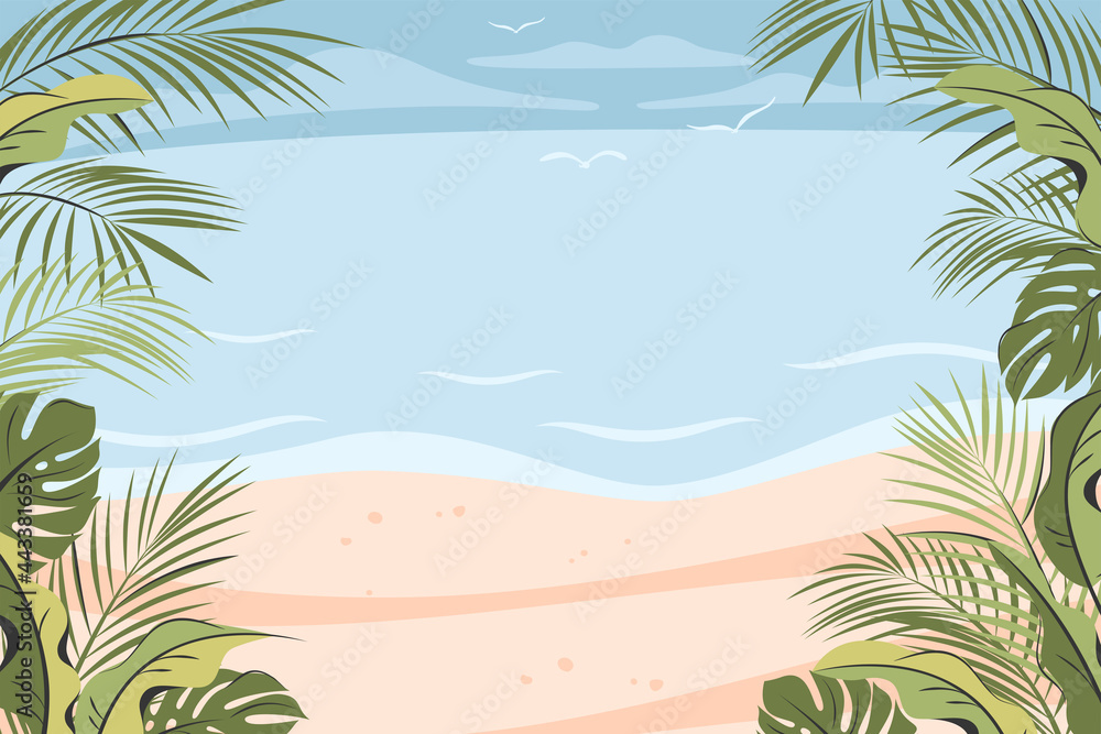 Tropical Beautiful Beach. Frame template for banners with different leaves palm against the background of the ocean or sea . Travelling, summer vacation concept, tourism. Vector  illustration