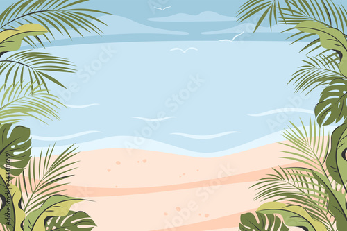 Tropical Beautiful Beach. Frame template for banners with different leaves palm against the background of the ocean or sea . Travelling  summer vacation concept  tourism. Vector  illustration