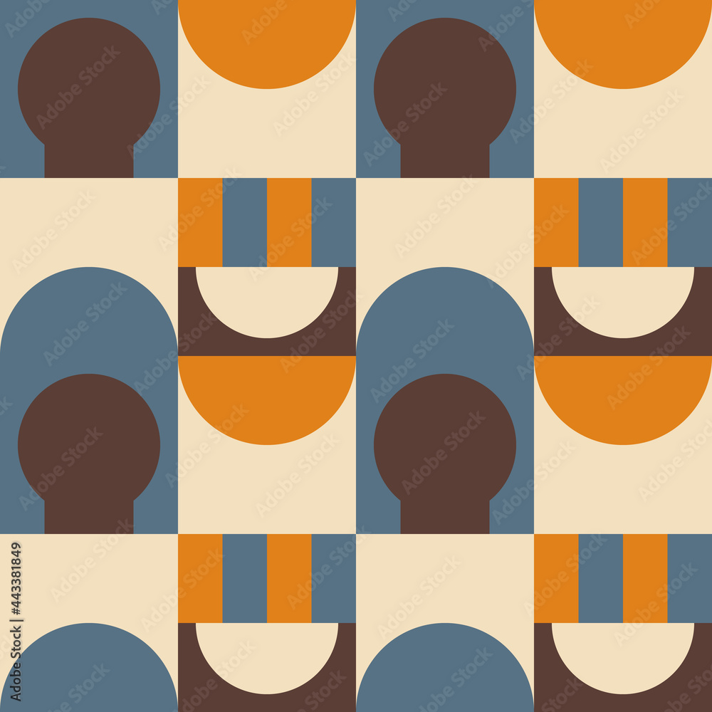 Modern vector abstract  geometric seamless pattern with circles, rectangles and squares  in retro scandinavian style. Pastel colored simple shapes graphic background. Abstract mosaic artwork.