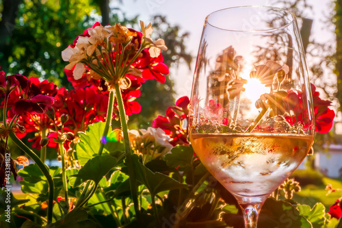 Sun in a glass of white wine surrounded by flowers