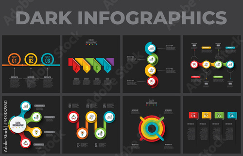 Collection of dark infographic presentation slides. Vector illustration for business analysis. Circles, arrows and banners