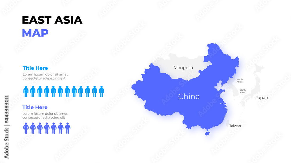 East Asia vector map infographic template divided by countries. Slide presentation. Statistic elements