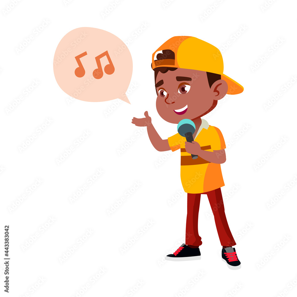 Boy Kid Singer Singing Song In Microphone Vector. African Infant Singing Song In Mic Electronic Device. Character Preteen Karaoke Recreational Active Time Flat Cartoon Illustration