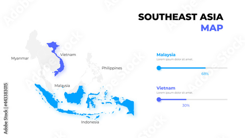 Southeast Asia vector map infographic template divided by countries. Slide presentation. Statistic elements
