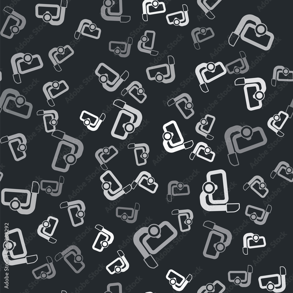 Grey Diving mask with snorkel icon isolated seamless pattern on black background. Extreme sport. Diving underwater equipment. Vector Grey Diving mask with snorkel icon isolated seamless pattern on black background. Extreme sport. Diving underwater equipment. Vector