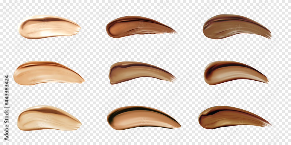 Cosmetic foundation swatches, smears of liquid concealer for makeup isolated on transparent background. Vector realistic set of light and dark bb cream smudges, beige and brown cosmetic strokes Cosmetic foundation swatches, smears of liquid concealer for makeup isolated on transparent background. Vector realistic set of light and dark bb cream smudges, beige and brown cosmetic strokes