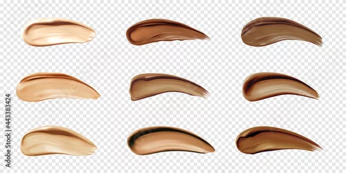 Fototapeta Cosmetic foundation swatches, smears of liquid concealer for makeup isolated on transparent background. Vector realistic set of light and dark bb cream smudges, beige and brown cosmetic strokes