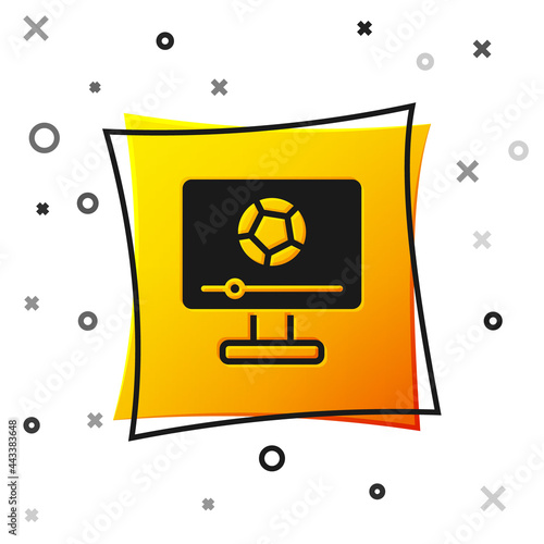 Black Football soccer match on TV icon isolated on white background. Football online concept. Yellow square button. Vector