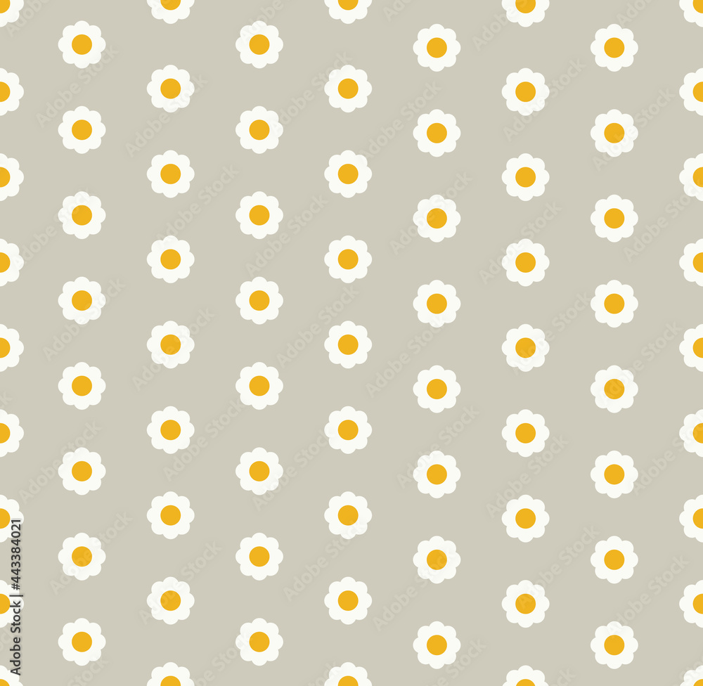 Seamless pattern with the chamomile flower bud, isolated on a gray background. Geometric print. Perfect for Valentine's Day background, wrapping paper, fabric. Hand-drawn vector illustration. Seamless pattern with the chamomile flower bud, isolated on a gray background. Geometric print. Perfect for Valentine's Day background, wrapping paper, fabric. Hand-drawn vector illustration.