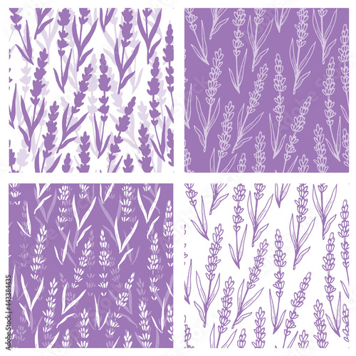 Purple lavender flowers vector seamless pattern collection. Beautiful retro hand drown doodle style floral backgrounds. Great for summer and spring textiles, banners, wallpapers, wrapping.