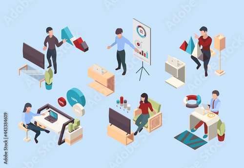 Online conference isometric. Remote workers sitting and home talking with gadgets self isolation house digital work garish vector illustrations