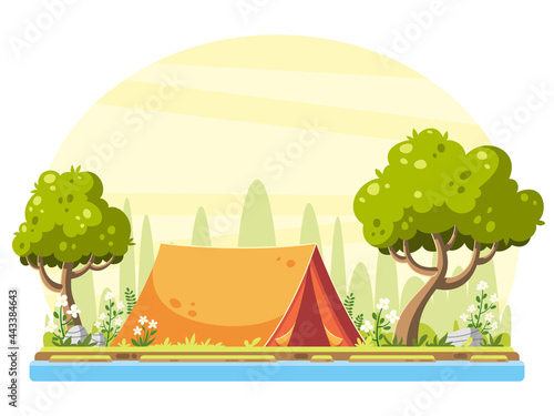 Campsite under trees. Camping in summer. Vector illustration in modern cartoon style.  (ID: 443384643)