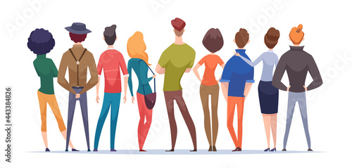 Group people back view. Teenagers standing crowd persons with backpackers man and woman together exact vector cartoon background