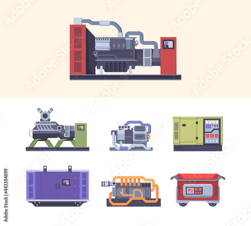 Fuel generator. Steel industrial electric machines energy generation maintenance generators garish vector flat illustrations collection