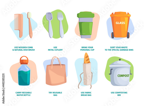 Zero waste tips. Eco friendly lifestyle plastic diapers recycle pollution sustainable environment garish vector illustrations set
