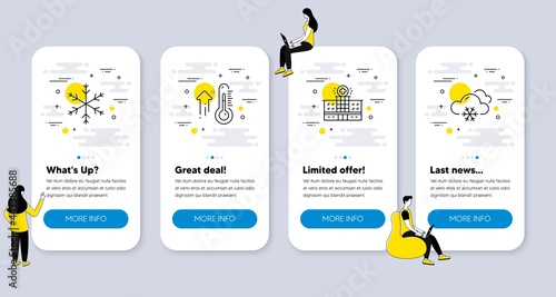 Set of Science icons, such as Snowflake, High thermometer, Hospital building icons. UI phone app screens with people. Snow weather line symbols. Snow, Temperature control, Medical help. Vector