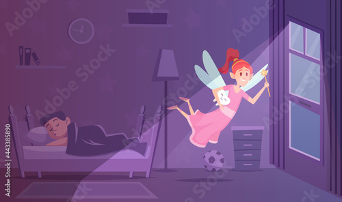 Tooth fairy. Fantasy background with little princess fantasy character little girl with wings exact vector cartoon illustration