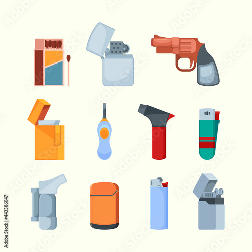 Metal lighter. Flame from gas lighter for cigarettes garish vector colored flat pictures collection