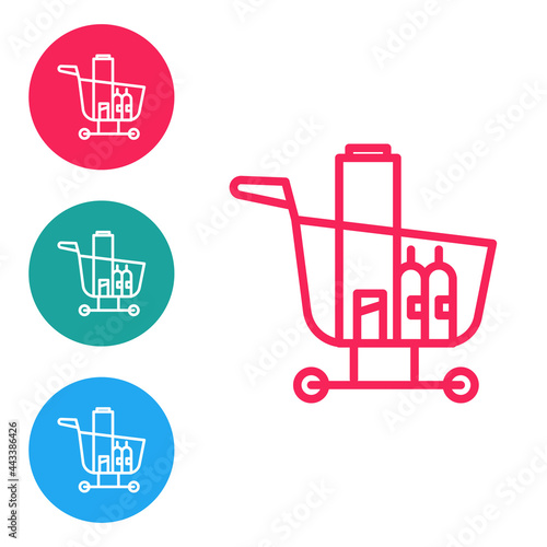 Red line Shopping cart and food icon isolated on white background. Food store, supermarket. Set icons in circle buttons. Vector Illustration