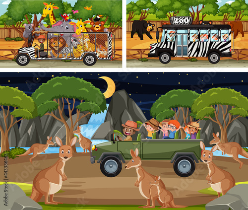 Different safari scenes with animals and kids cartoon character