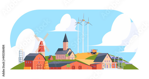 Agricultural background. Rural landscape with old village with farm buildings cottages windmill garish vector flat illustration