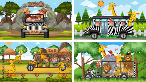 Set of different scenes with animals in the zoo and pirate ship at the sea