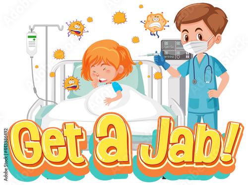 Coronavirus vaccination concept with Jab Time font and doctor cartoon character