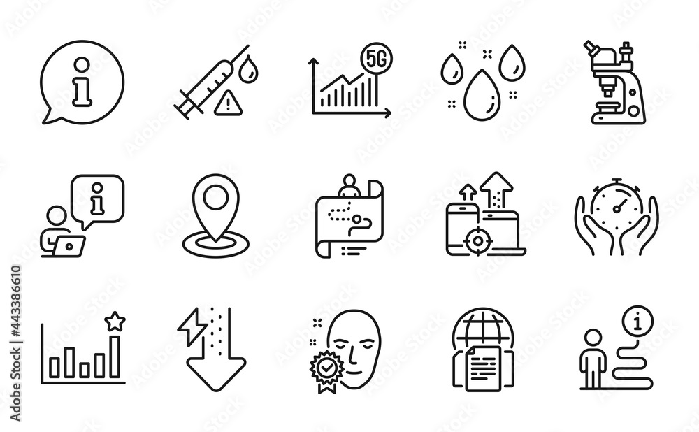 Science icons set. Included icon as Journey path, Seo devices, Vaccine attention signs. Face verified, Internet documents, Efficacy symbols. Rainy weather, Energy drops, Microscope. Timer. Vector Science icons set. Included icon as Journey path, Seo devices, Vaccine attention signs. Face verified, Internet documents, Efficacy symbols. Rainy weather, Energy drops, Microscope. Timer. Vector