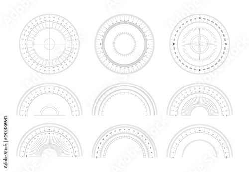 Protractor. 360 degree measurement shapes with numbers and symbols circular shapes of scale goniometer garish vector templates set