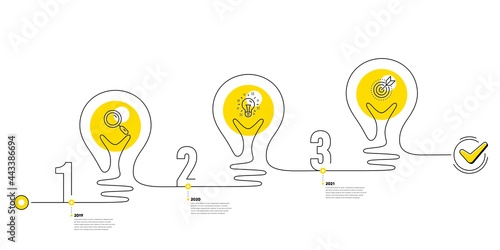 Business Infographic template. Lightbulb journey path infographics. Timeline with 3 steps. Workflow process diagram with line icons. Research, Idea bulb and Goal target icon. Vector