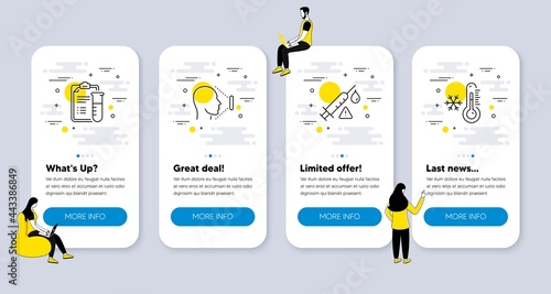 Vector Set of Healthcare icons related to Medical analyzes, Face id and Vaccine attention icons. UI phone app screens with people. Low thermometer line symbols. Vector