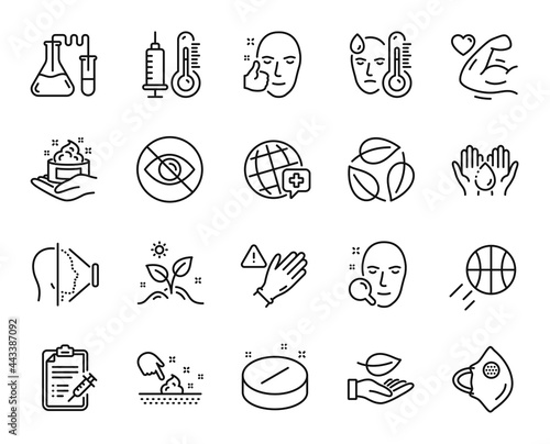 Vector set of Use gloves, Not looking and Grow plant line icons set. Face search, Face id and Skin care icons. Medical tablet, Skin moisture and Fever signs. Strong arm, Leaf and Wash hands. Vector