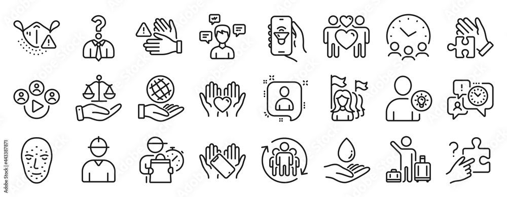 Set of People icons, such as Feminism, Water care, User idea icons. Safe planet, Video conference, Justice scales signs. Puzzle, Smartphone holding, Search puzzle. Face biometrics. Vector