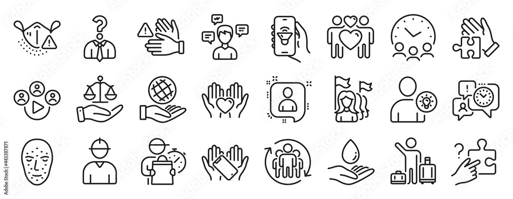 Set of People icons, such as Feminism, Water care, User idea icons. Safe planet, Video conference, Justice scales signs. Puzzle, Smartphone holding, Search puzzle. Face biometrics. Vector Set of People icons, such as Feminism, Water care, User idea icons. Safe planet, Video conference, Justice scales signs. Puzzle, Smartphone holding, Search puzzle. Face biometrics. Vector