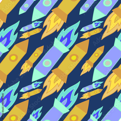 Seamless vector pattern colorful design of outer space with lined rockets in dark tones